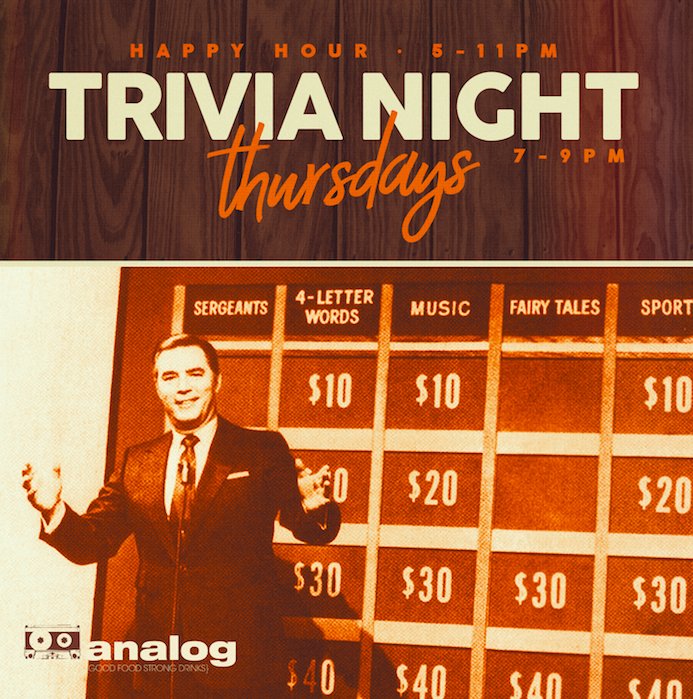 AnalogBar's tweet image. Tonight we are bringing trivia back to Analog starting at 7pm! Get here early for some after work happy hour starting at 5!