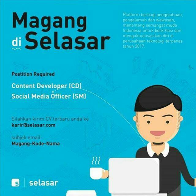 #Magang #internship Content developer &amp; Social media officer di Selasar
#lokerJakarta #KarirJakarta #lowongankerja
instagram.com/p/BSHwdvrgo2l