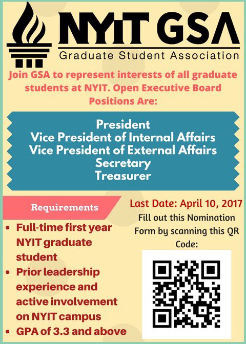 NYITGSAMA's tweet photo. Wanna represent grad students and their concerns, then Join the NYIT GSA.
Scan the QR code and fill out the nomination form. https://t.co/PNEXJ6XvbL