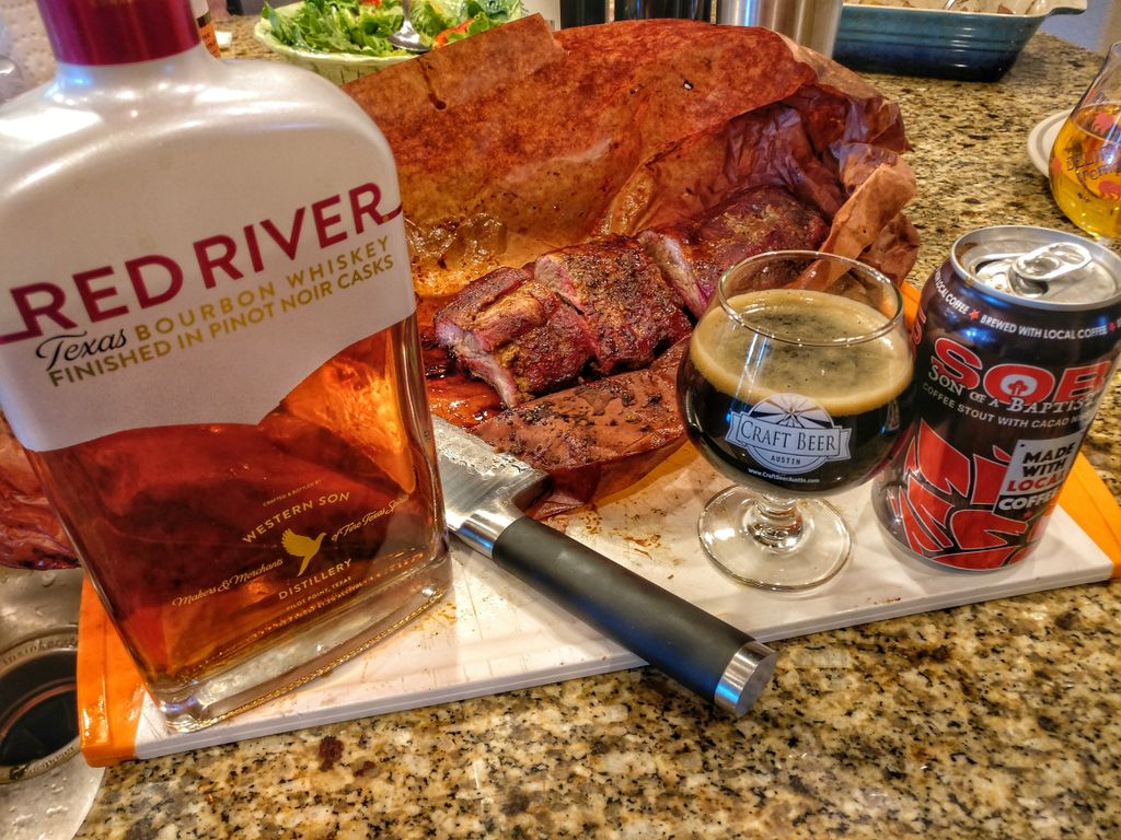 CraftBeerATX's tweet photo. Happy #TGIF Eve with @EpicBrewing Son of a Baptist &amp; @westernsonvodka Texas Bourbon aged in Pinot Noir casks &amp; homemade smoked #bbq ribs https://t.co/zLMM1IovQY