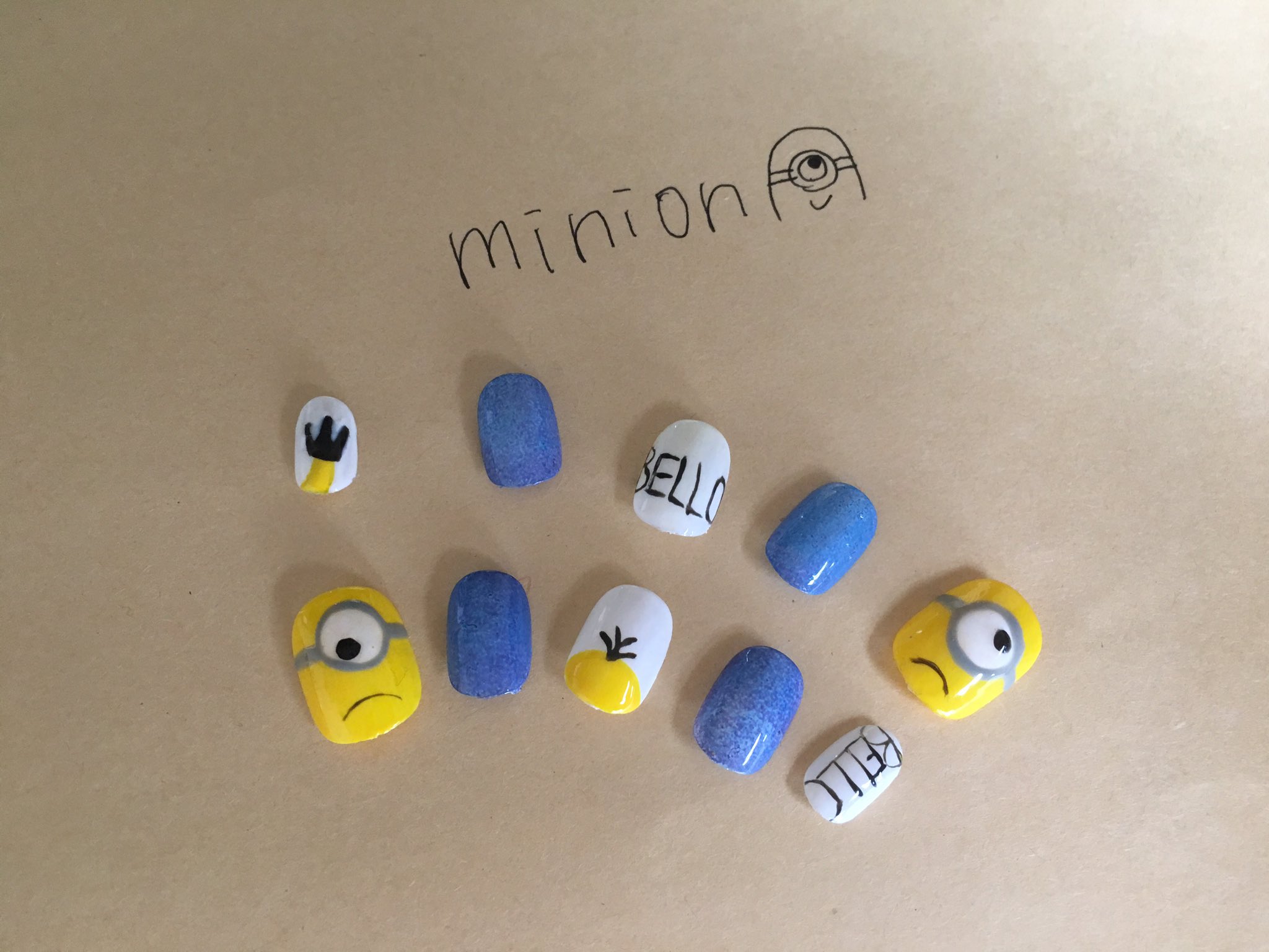 Twitter 上的 Mimi ネイル垢 ミニコンネイル ミニオンの顔だったり デニムネイルだったりミニオンの頭部だったり 笑 ちなみにbelloはミニオン語でこんにちは と言う意味らしいです セルフネイル ジェルネイル ミニオンネイル ミニオン T