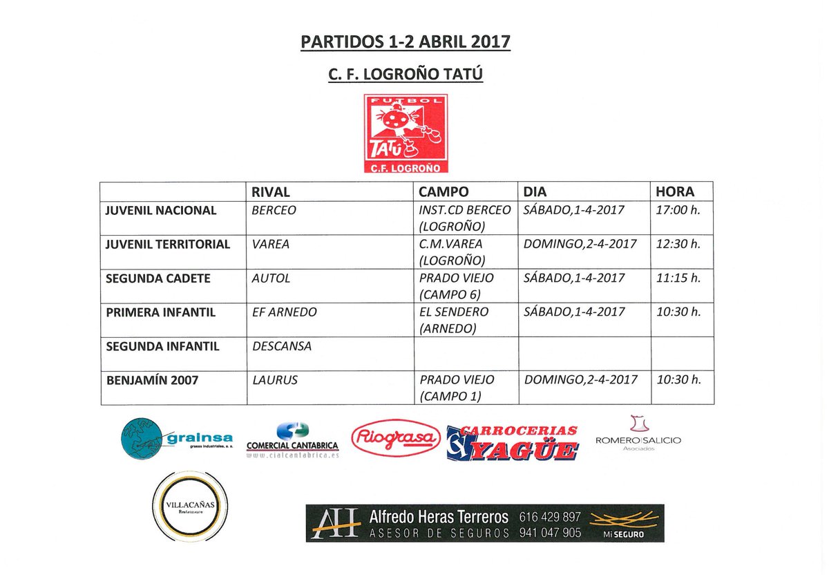 PARTIDOS 1-2 ABR 17.A SEGUIR SIEMPRE ADELANTE CON ILUSIÓN Y GANAS.CON TRABAJO LLEGAR A LA META SERÁ MAS SENCILLO,Q NO FÁCIL CCC #fuerzatatú