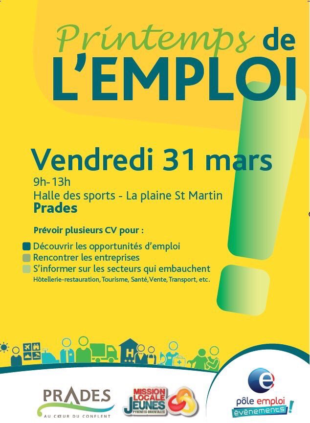 L_NavarroPrades's tweet photo. 📅 Jour J, vous recherchez un #emploi ? Venez aujourd'hui au #printemps de l emploi jusqu'à 13h #aVosCvs #Prades https://t.co/sacsLInIem