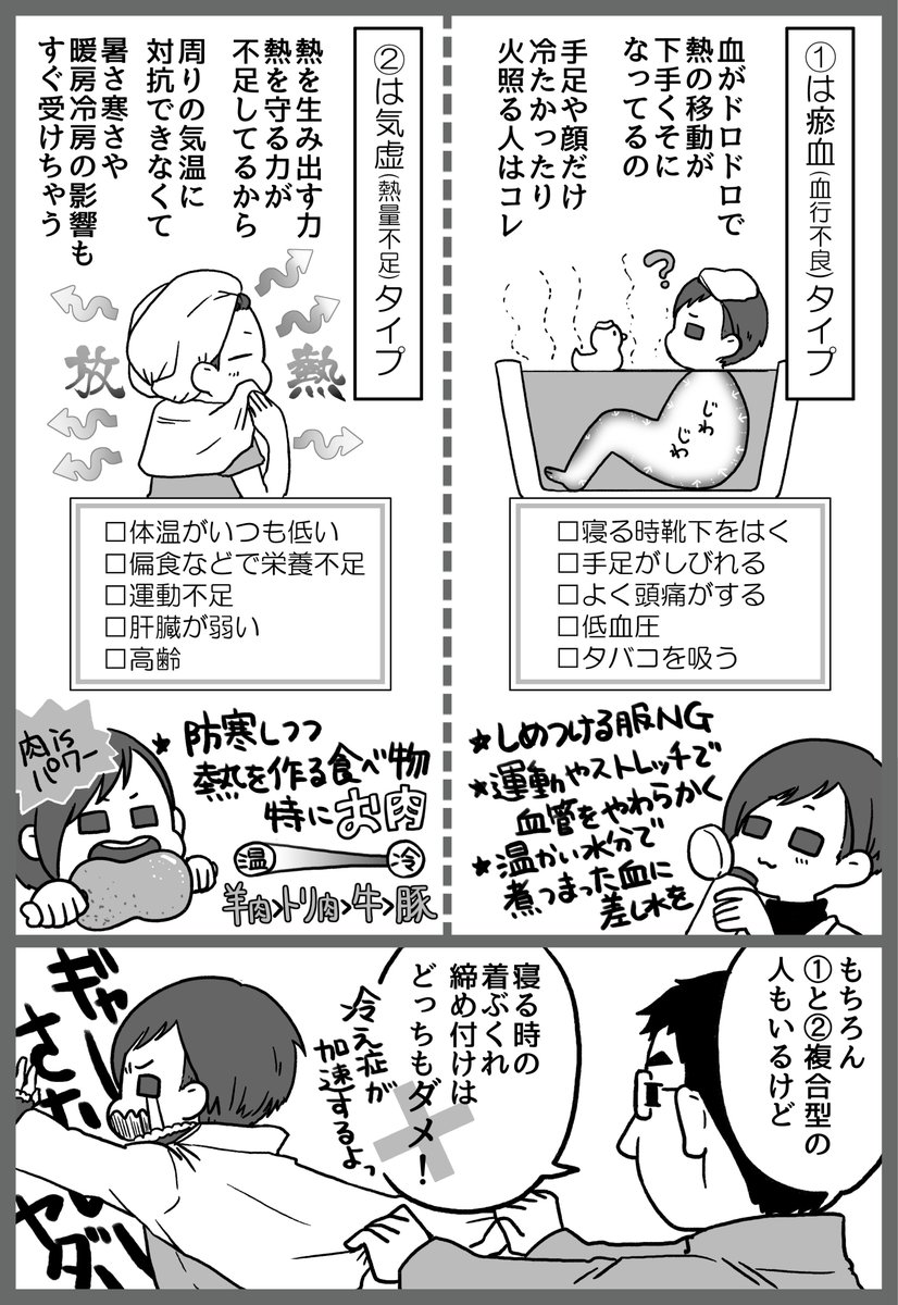 お風呂で分かる冷え性タイプ
1.温まりにくく、のぼせが長い血行不良タイプ
2.のぼせやすく、すぐ冷めるエネルギー不足タイプ
3.温まりにくく、冷めやすい複合タイプ

入浴後すぐに、冷たぬるい水を膝から下に粗熱を取る感じでザッとかけ… 