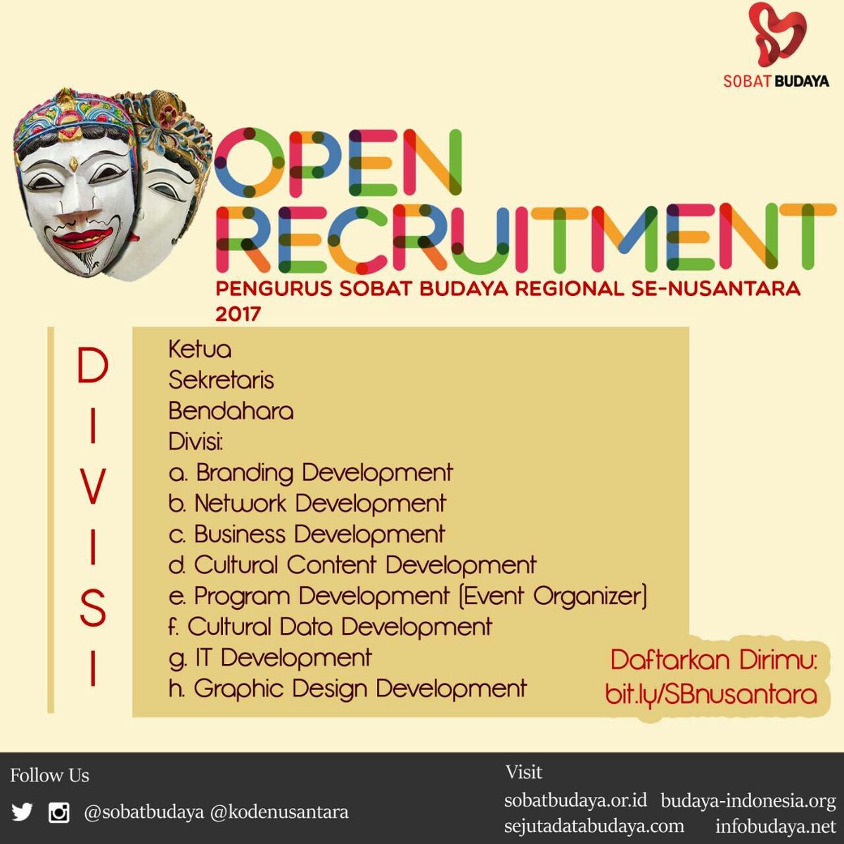 sobatbudaya's tweet photo. Open Recruitment #SobatBudaya Se-Nusantara dibuka! Persiapkan diri kamu untuk menjelajah dan ungkap #kodeNusantara https://t.co/1tU7v5Yvoo