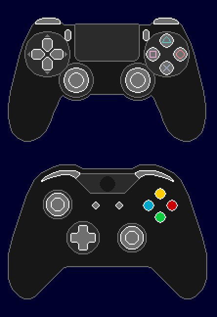 Rebusmind's tweet photo. Made pixelated versions of the PS4 and XboxOne controllers. These will be able to show you the button config in @SwapQuest. https://t.co/OJ3M8CAPdY
