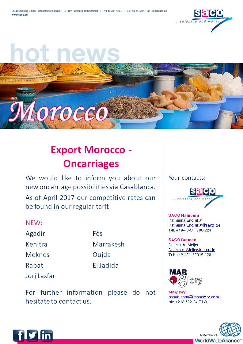 We would like to inform you about our new #export #LCL #NVOCC oncarriage possibilities via #Casablanca, #Morocco.

secure.saco.de/en/news/detail…