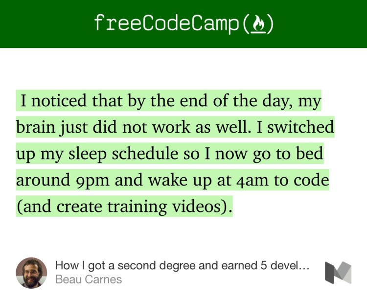 “…I noticed that by the end of the day, my brain just did not work as well. I switched up my sleep schedule so I now go to bed around 9pm and wake up at 4am to code (and create training videos).…” from “How I got a second degree and earned 5 developer certifications in just one year, while working and…” by Beau Carnes.