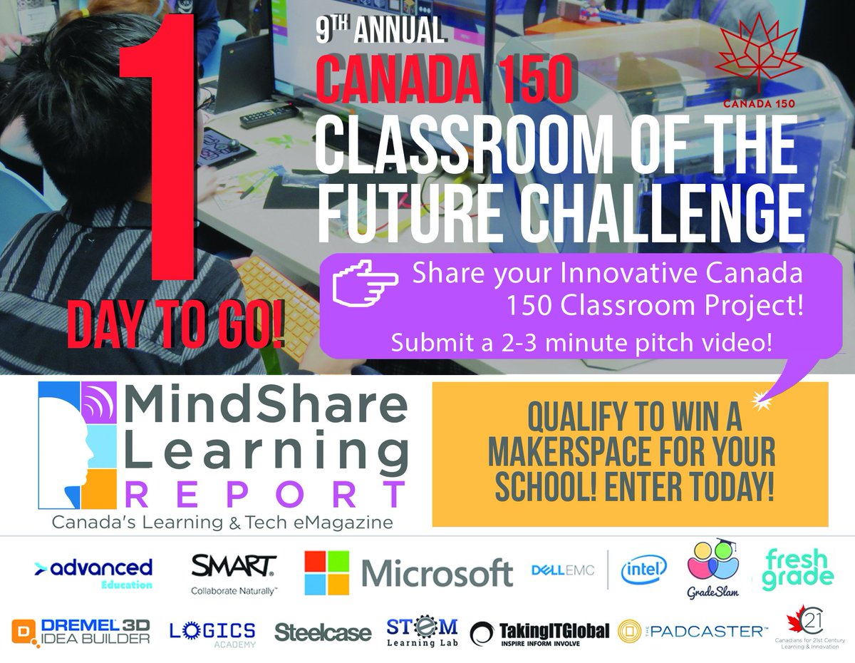 MindShareLearn's tweet photo. 1 Day to Go! The videos are streaming in for our 'Classsroom of the Future' Challenge. Enter to WIN a #Makerspace! https://t.co/IOGLJVA4b7 https://t.co/ARBRSwrspQ