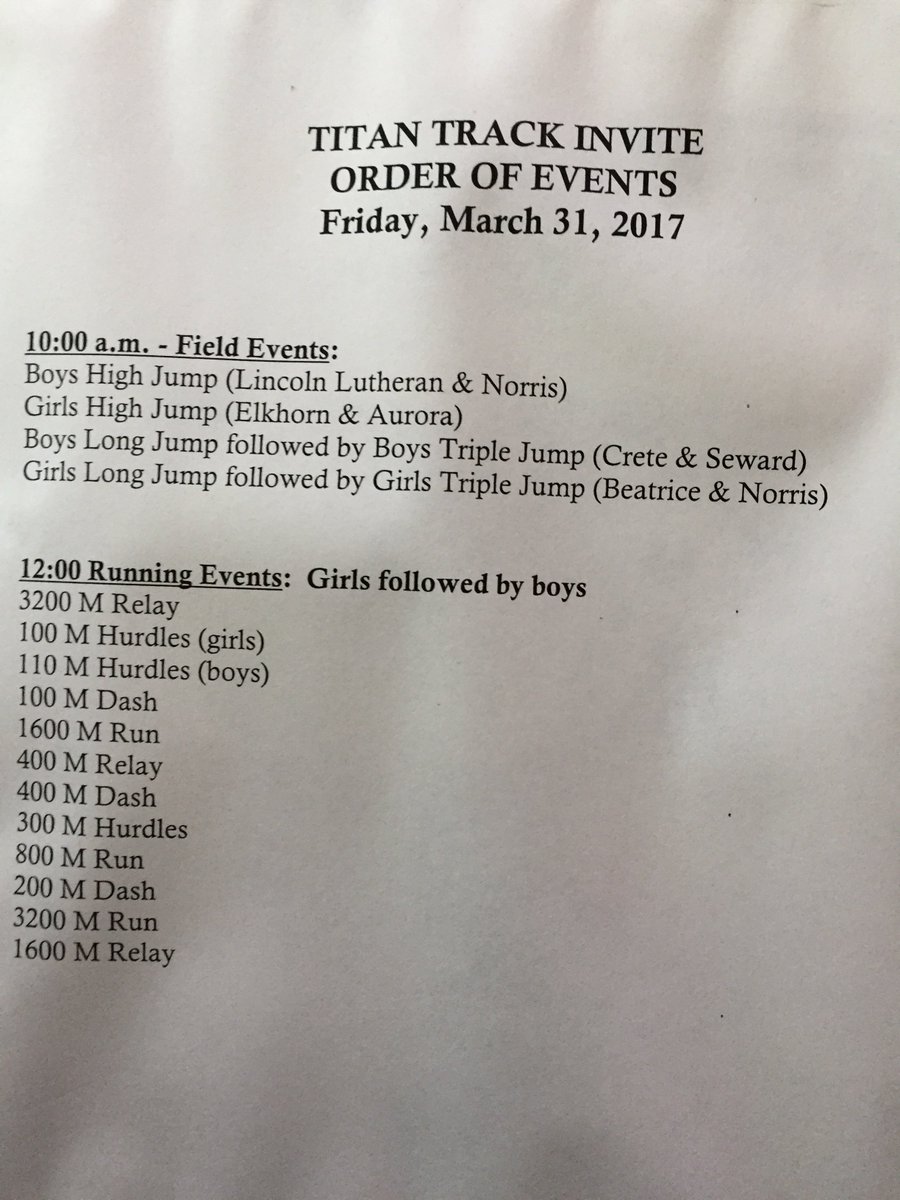 Updated schedule of events for today’s Norris Invite!! No throwing or pole vault today...Final only format! Great day 2 compete! #cardtrack