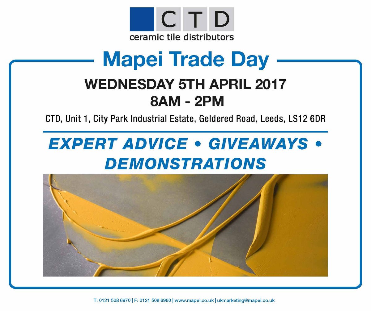 Steve &amp; the #Mapei team will be at <a href="/ctdtiles/">CTD Tiles</a> <a href="/CTDTrade/">CTD Tiles Trade</a> #Leeds next Wednesday with giveaways and live product demonstrations.