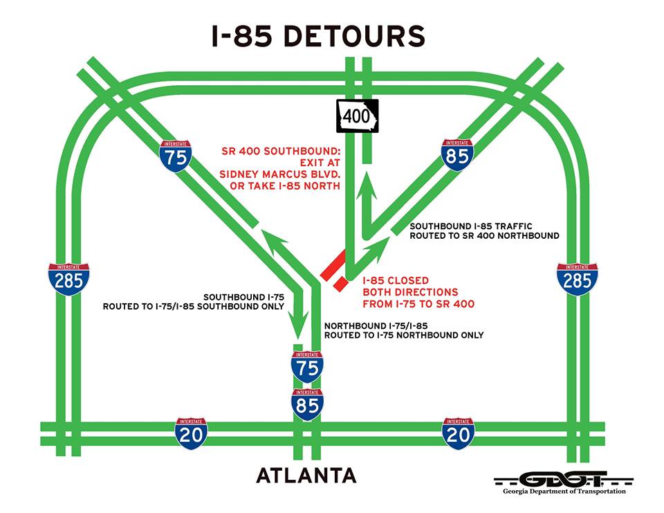wsbtv's tweet photo. Save and Share: Here are the detours you'll need to know and navigate after the #85collapse, from @GADeptofTrans. https://t.co/v3lBlgO7rm