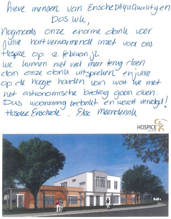 TeamEnscheDAY's tweet image. Afgelopen week ontvingen we met Doswk deze bedank-kaart van Hospice Enschede. Namens iedereen die heeft bijgedragen: "Graag gedaan!".