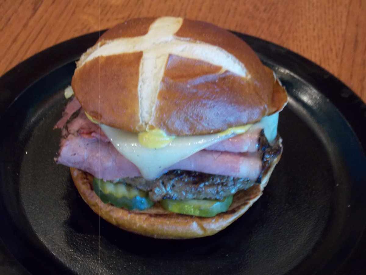 ABCRivergate's tweet photo. @ABCRivergate Introducing the Pastrami Burger! 1/3lb Burger,Mustard, pickles, topped with Pastrami and Swiss cheese on a toasted pretzel bun https://t.co/15akdkR0Kt