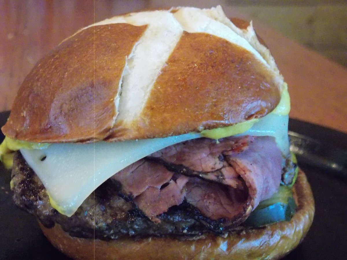ABCRivergate's tweet photo. @ABCRivergate Introducing the Pastrami Burger! 1/3lb Burger,Mustard, pickles, topped with Pastrami and Swiss cheese on a toasted pretzel bun https://t.co/15akdkR0Kt