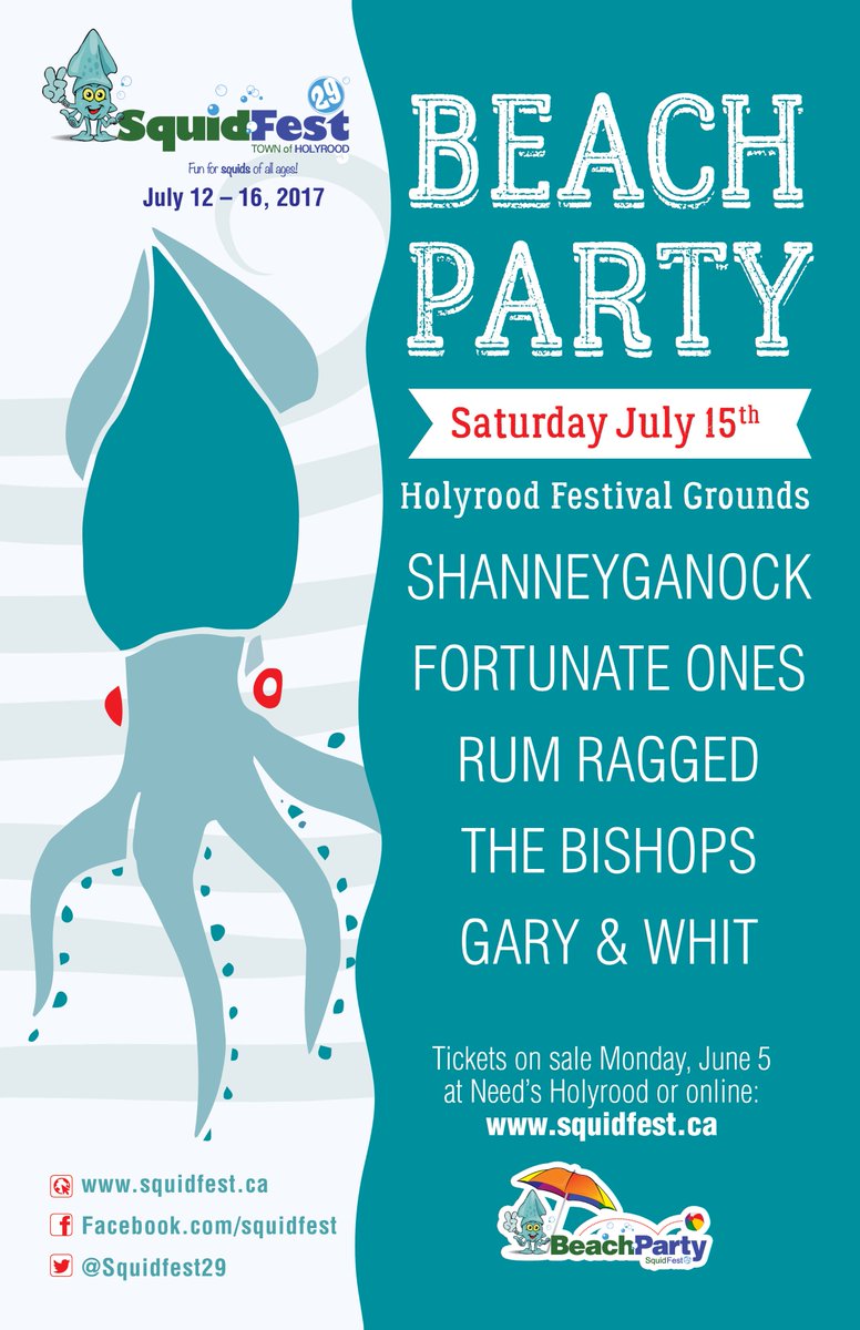 #SquidFest29's Beach Party Sat. July 15 will feature <a href="/shanneyganock/">shanneyganock</a>, <a href="/FortunateOnesNL/">Fortunate Ones</a>, <a href="/RumRagged/">Rum Ragged</a>, #TheBishops, &amp; <a href="/garyandwhit/">Gary & Whit</a> in Holyrood