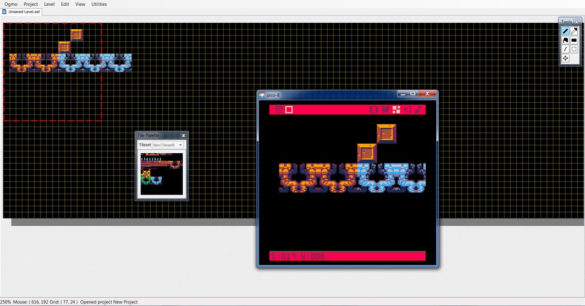 JedAdams's tweet photo. #pico8 will barf if you inject data in upper case HEX :) . hacked an #ogmo to #pico8 injector last night. inspired by @morningtoast https://t.co/GhDOwqPrl3
