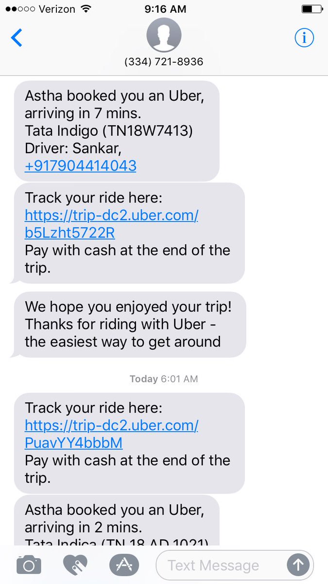 JulieDeichman's tweet photo. @Uber_Support I got these texts this morning for rides I didn't book. Did I get hacked? https://t.co/vTsp0VFJLy