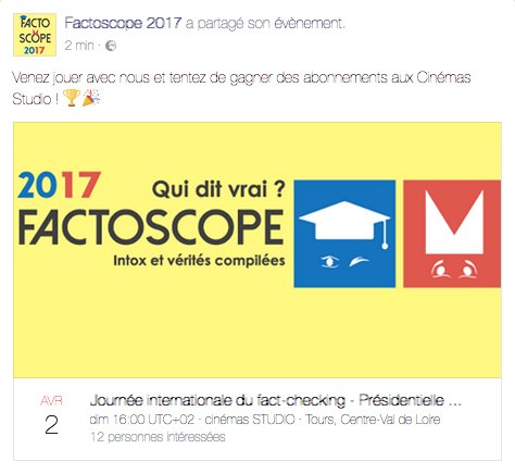 🔜@factoscope2017 sera aux "Cinémas Studio" à Tours le 2 avril pour la journée internationale du fact-checking ! ➡️ bit.ly/2ofXSIt