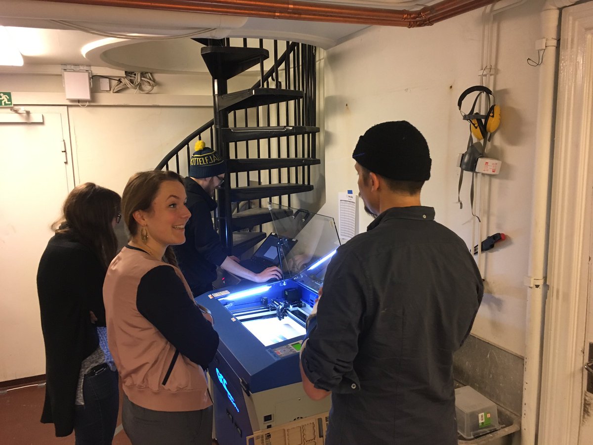 sunekaae's tweet photo. #veryday workshop introduction day. Mårten handles it and gets help with lasercutter from Daniel #SthlmTech https://t.co/Bq7blebvvG