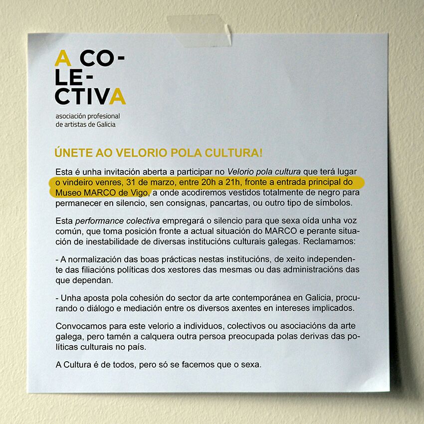 MARCOVigo3's tweet photo. #Convoc  #ACOLECTIVA Asociación Profesional Artistas Galicia hoxe ás 20.00 diabte do @MARCOVigo3 #VelorioPolaCultura https://t.co/s6G5nn9qJW