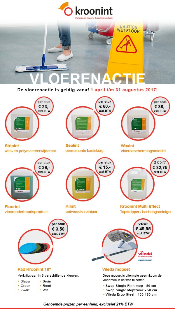 In de periode van 1 april t/m 31 augustus 2017 levert Kroonint enkele vloerproducten tegen zeer scherpe actie prijzen!