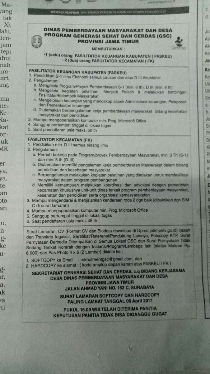 Info lowongan Faskeu dan FK GSC Jatim