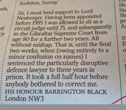 JohnHyde1982's tweet photo. Lovely letter in @thetimes today on raising the retirement age of judges. https://t.co/tMWb4f5Doy