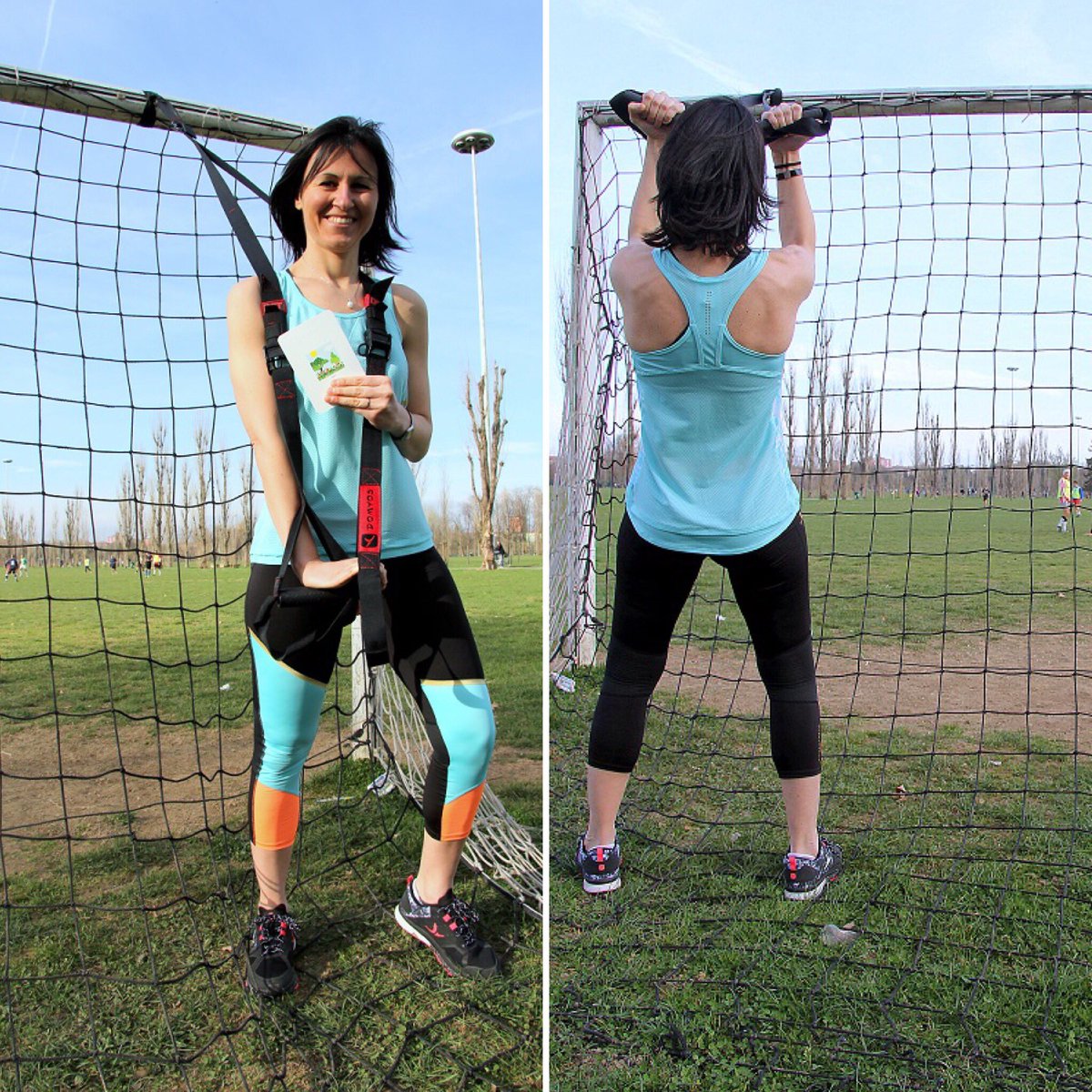 ValeriaAiroldi's tweet photo. La mia #palestra a cielo aperto di oggi è un campo di calcio. Appendo #StrapTraining di @domyos alla traversa della porta e via #CondiVivi https://t.co/DhUYa3t7mm