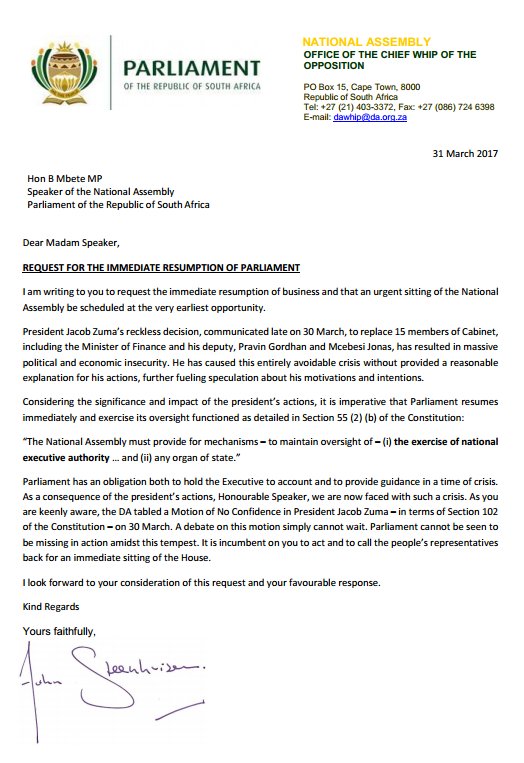 BREAKING: <a href="/jsteenhuisen/">John Steenhuisen MP</a> has written to Mbete to ask for the IMMEDIATE resumption of Parliament to vote on the #NoConfidence motion next week