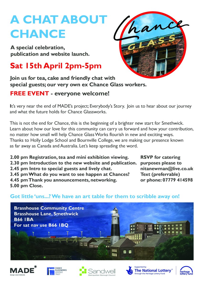 MADEplaces's tweet photo. Join ex Chance Glass workers for a 'Chat about Chance' on 15th April. Free event. Book now for Tea &amp; cake with us. https://t.co/LvbMBR5Hos