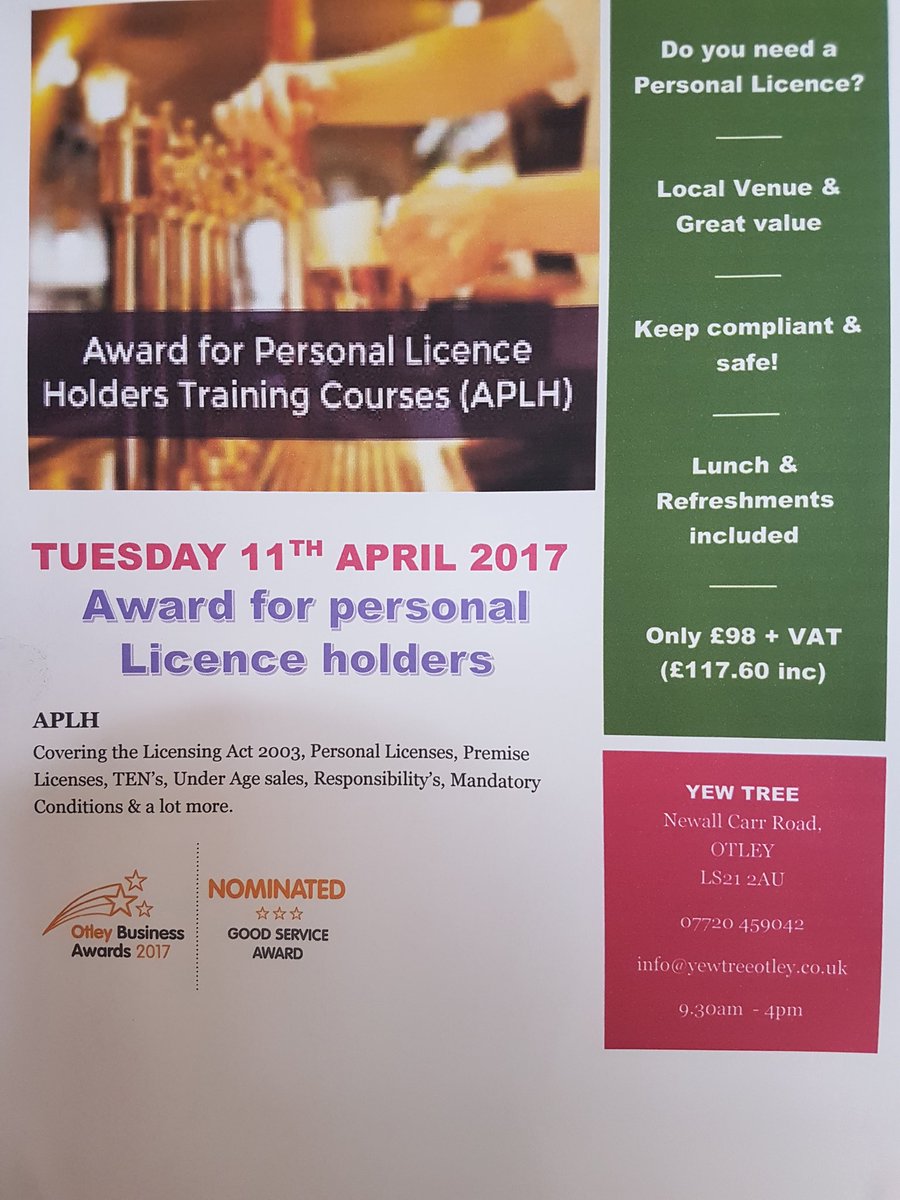 YewTreeOtley's tweet photo. Do you need a personal Licence? #personallicence #greatfood @OtleyPubClub https://t.co/2ufUYTIxB7