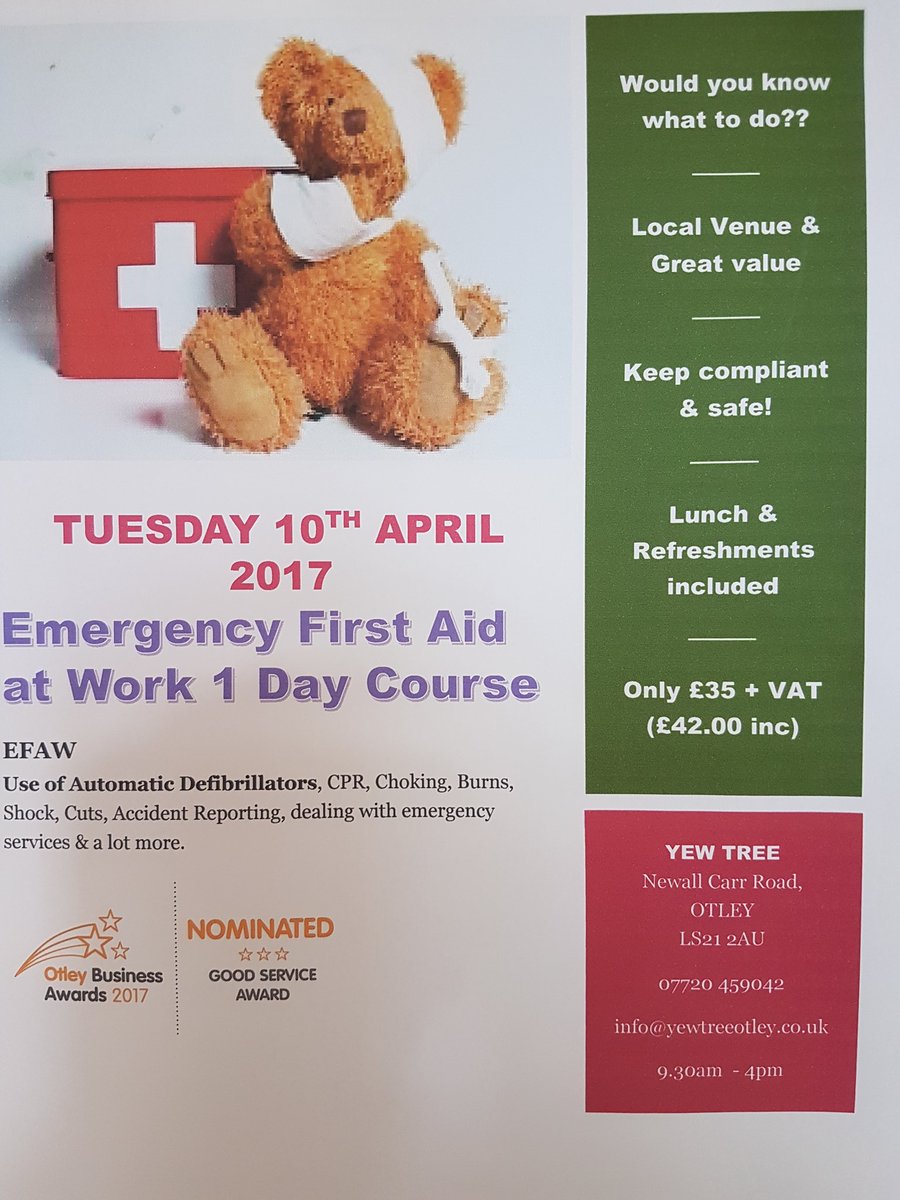 YewTreeOtley's tweet photo. Do you want you #FirstAid #qualification ? #doyouknowwhattodo?
@YewTreeOtley @OtleyPubClub @OtleyCouncil https://t.co/X2VUNoW7io
