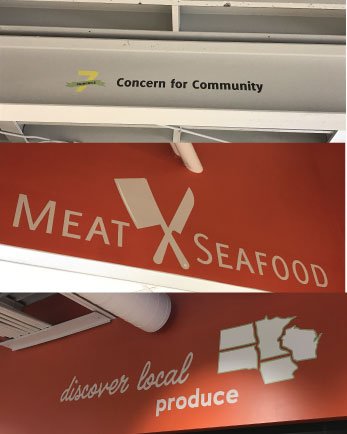 Look up &amp; check out the writing on the wall.
New dept. names &amp; the 7 international co-op principles adorn the walls, I-beams and duct work!