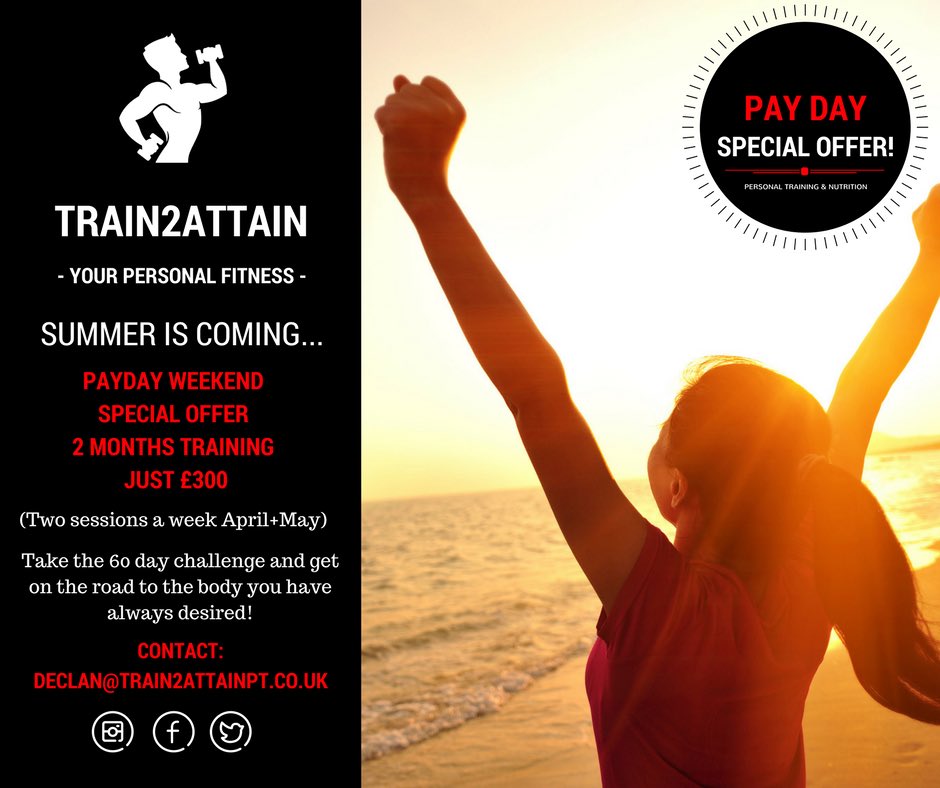 train2attain's tweet image. Happy #Friday everyone! I have an exciting #payday special offer for new clients! 💥💥 2 months PT sessions for just £300 (usually £400!)