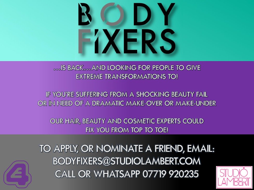 BFCasting's tweet photo. @TigerLondon Hot date to impress and need a new image to match? E4's Body Fixers could help... https://t.co/Lhbi5FvE7c Pls RT https://t.co/ClgxWvn7Xo