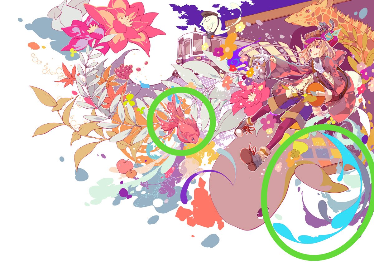 古島紺 新刊通販中 私の絵でどうやって描いてるか知りたいところありますか 色の決め方 色調が限定されるモチーフから先に確定します この絵は右下に水があるので この色が最優先 他の色だと違う液体になる 金魚も赤系で確定 植物は 確定の水色に