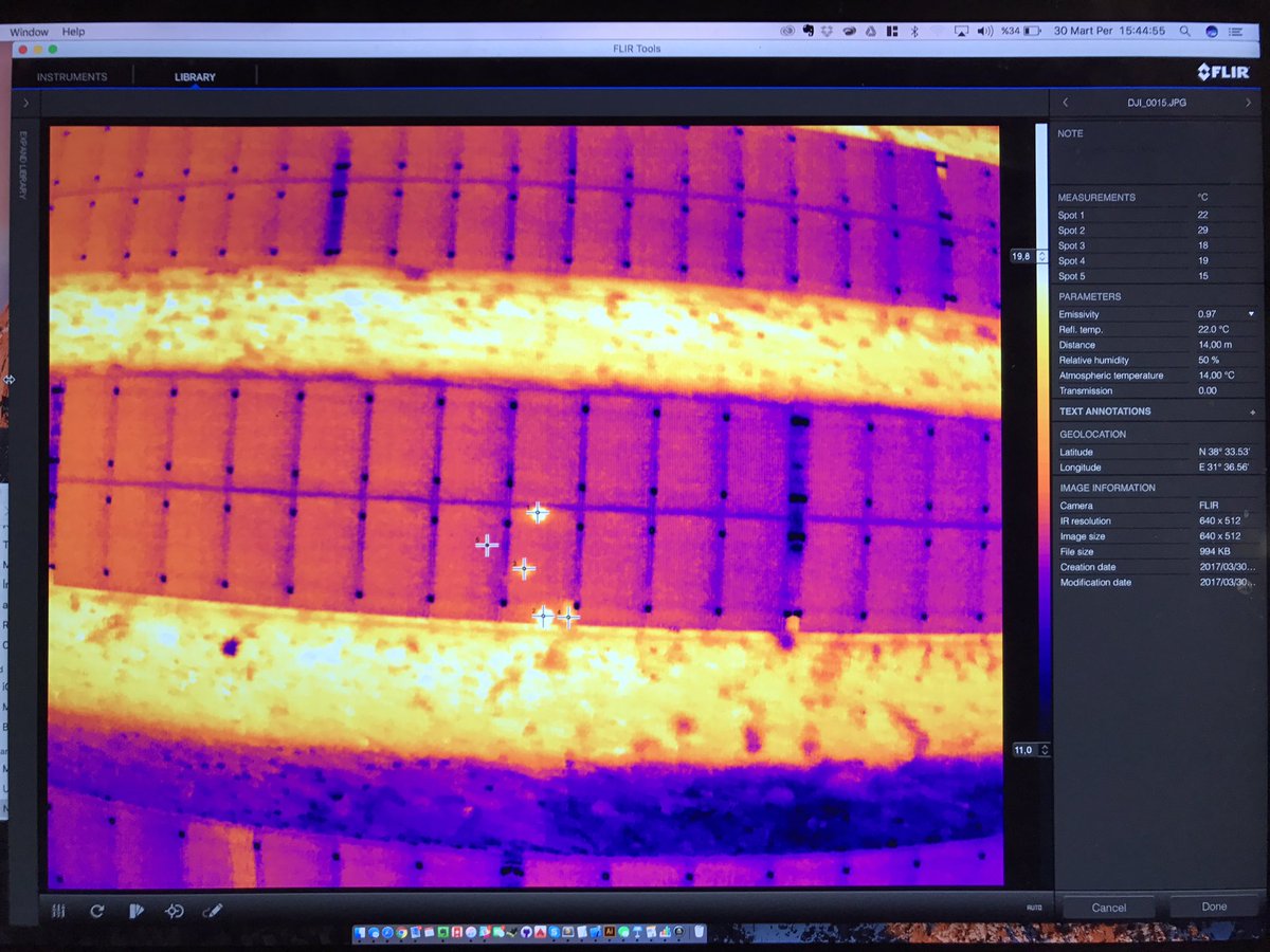 Noxcorp's tweet photo. Solar panel fault detection with #UAV #drones #thermal #solar #panel #fault #hotspot https://t.co/TOeo2bmYao