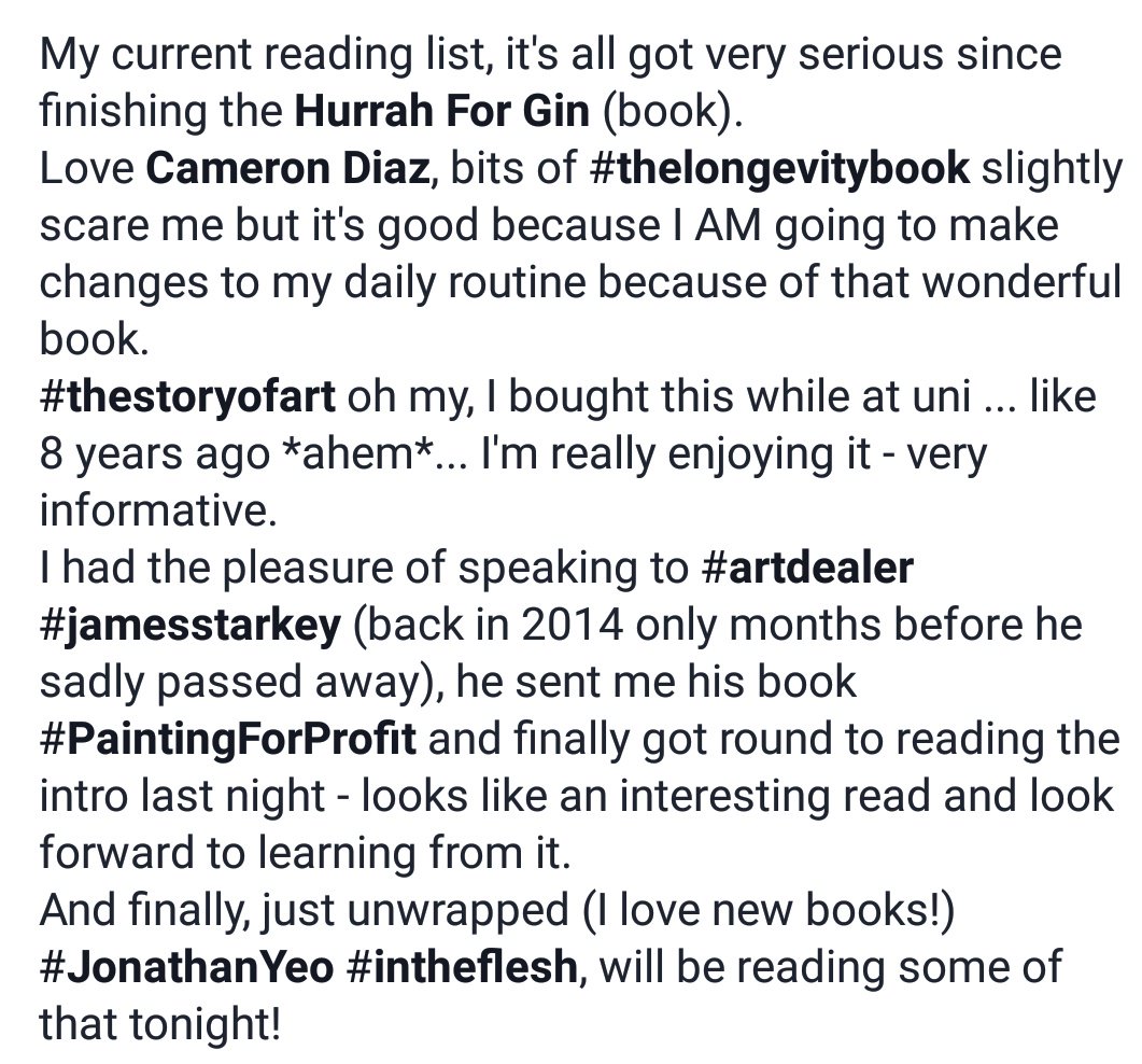 #Yorkshire #Artist, reading list:
#TheLongevityBook by @CameronDiaz, #TheStoryOfArt, #PaintingForProfit and #InTheFlesh by @RealJonathanYeo