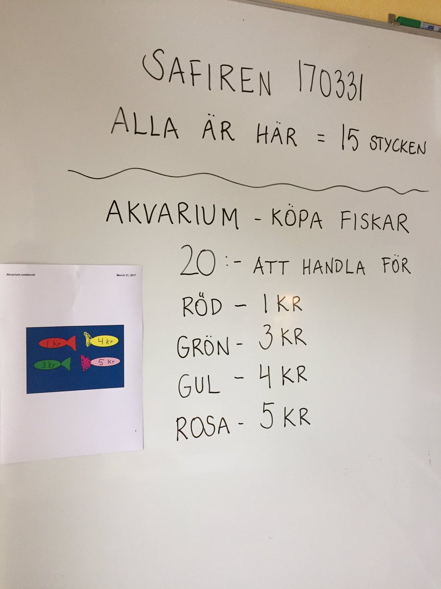JeanetteArvid's tweet photo. Problemlösning idag - att köpa fiskar till akvarium och ha 20:- att handla för 🐟 #förskoleklass #fklass #Villanskolan #malyft https://t.co/hcB5M3AOCg