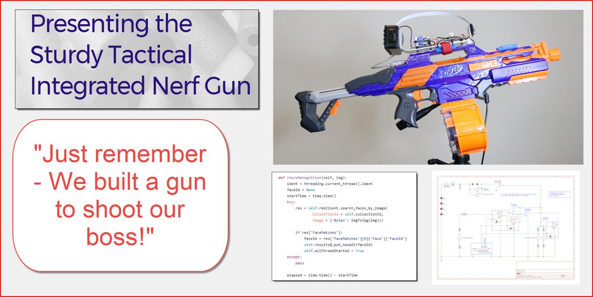 jeffbarr's tweet photo. Fun #AWS Rekognition Use Case, with code - Sturdy Tactical Integrated Nerf Gun - https://t.co/CYvFOW94Jx "We built a gun to shoot our boss." https://t.co/LKtLL2azfD