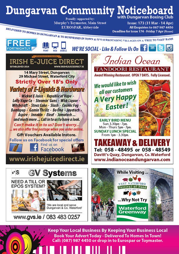 IrishCommBoards's tweet photo. #DungarvanCommunityNoticeboard OUT NOW in #Dungarvan &amp; #Abbeyside &amp; villages .. See Facebook for the full edition .. https://t.co/A6Yf1LnwuE