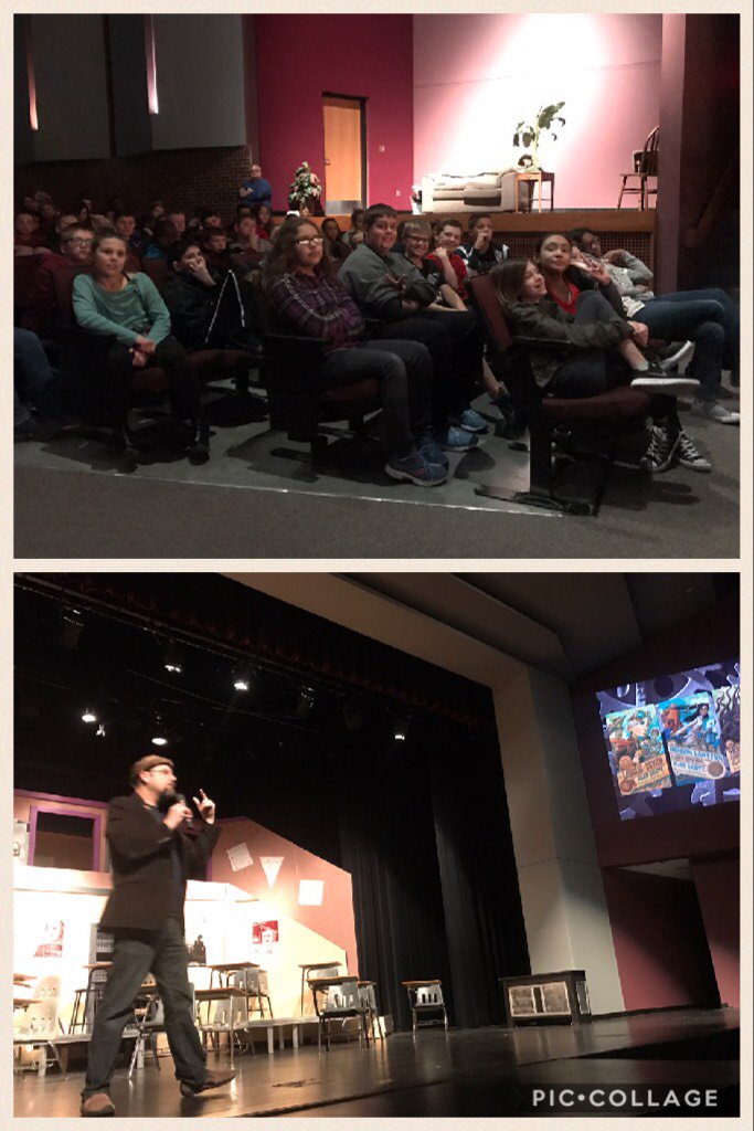 sarahneckert's tweet photo. Alan Gratz presenting to sixth graders. So awesome! #rheproud  https://t.co/xAYNx6uUPU https://t.co/s6lRPoOjj4