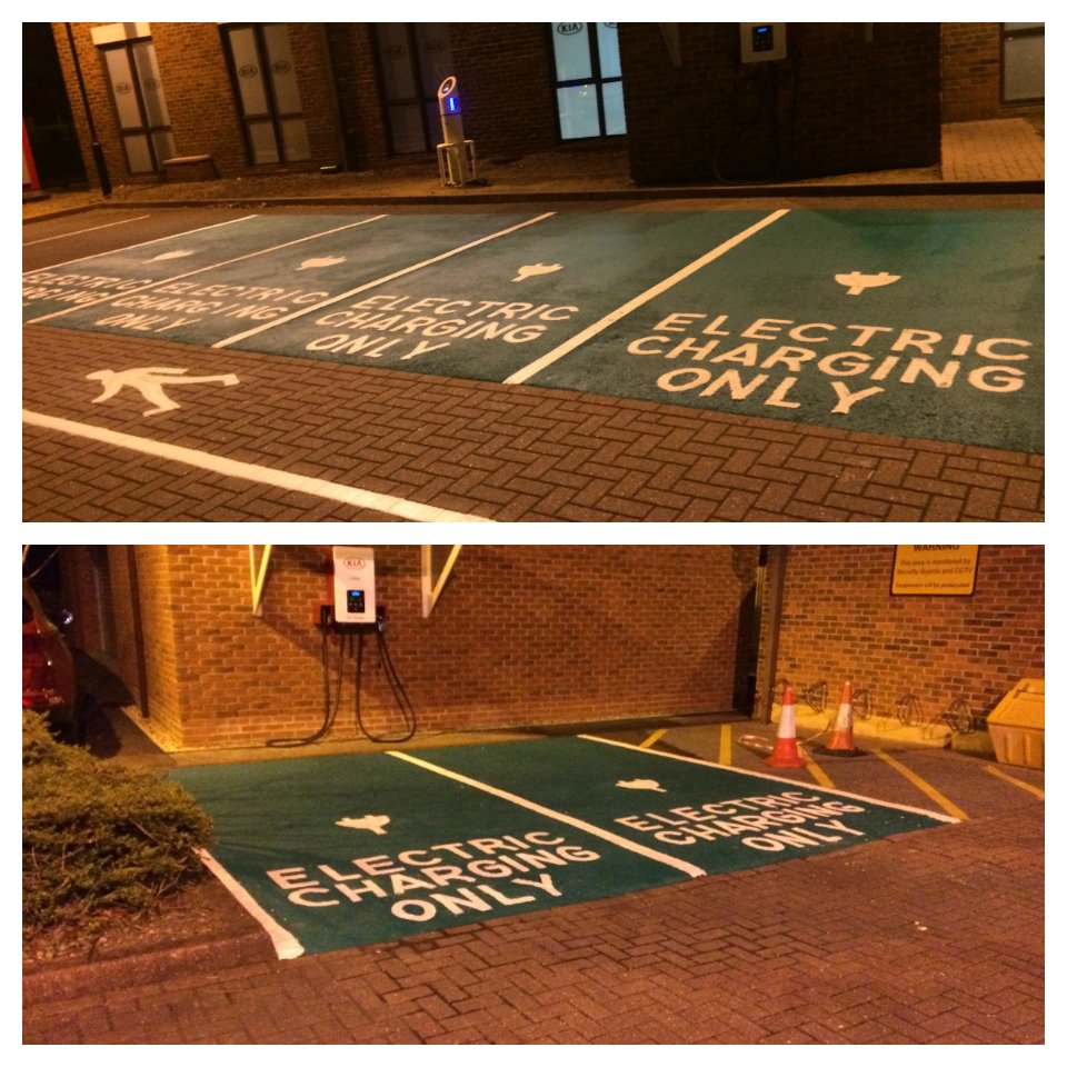 Info_Landmark's tweet photo. A Landmark crew recently installed electric charging point bays for a client using a cold applied, slip-resistant acrylic paint. https://t.co/dwbQcGjN1L
