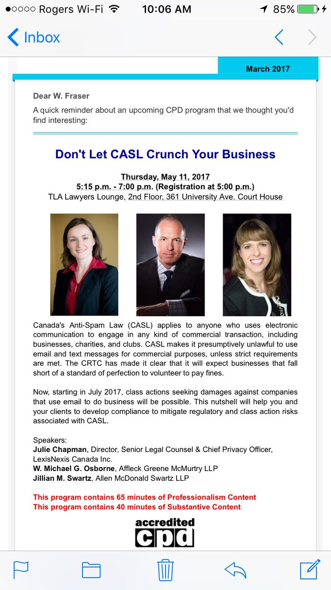 AMSBizLaw's tweet photo. Jillian Swartz will be speaking at the Toronto Lawyers Association CPD event regarding Canada's anti-spam legislation on May 11. https://t.co/2t8q8lygTF
