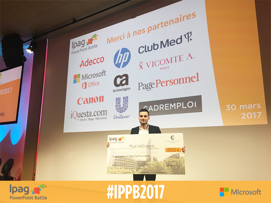 IPAGBS's tweet photo. #IPPB2017 Thomas Poupault, étudiant à @MBwaySchool, est le grand gagnant de l'IPAG PowerPoint Battle 2017 ! Un grand BRAVO à lui 👏 #ipagbs https://t.co/NmRKJjqd38