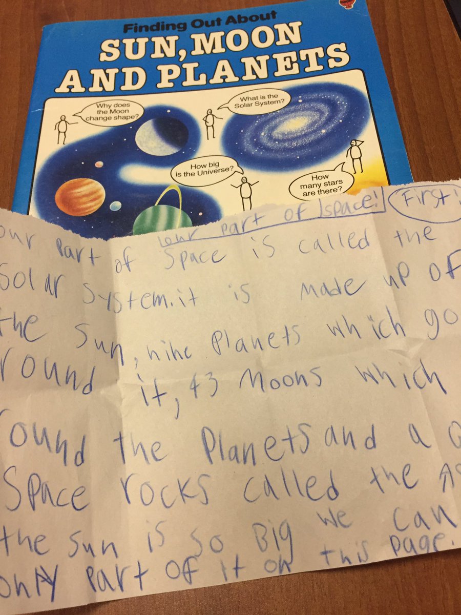 KarGair's tweet photo. A book report on the solar system written by these @Childreach #wildchild campers @literacyFTW and done before 9 am #booksandtrees #literacy https://t.co/oolvg5K5mq