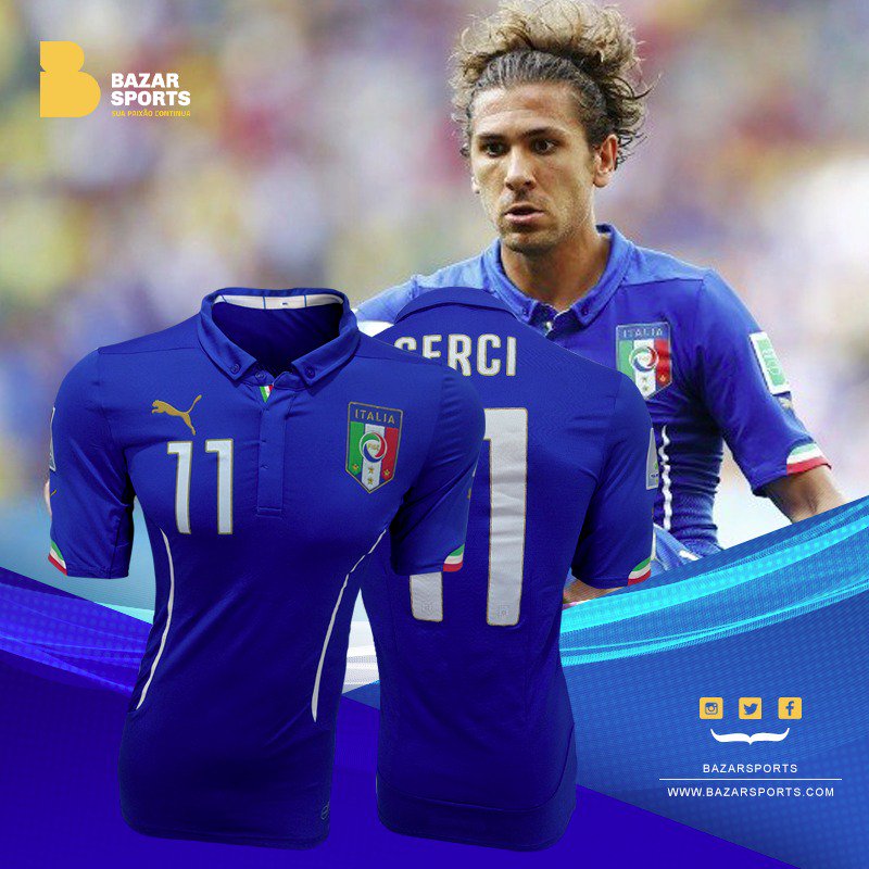 Leve pra casa essa camisa do meia Cerci, da Seleção Italiana, utilizada durante a Copa do Mundo de 2014. Participe!  bazarsports.com