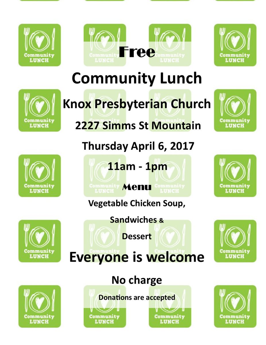 HouseofLazarus1's tweet photo. #FREE Community Lunch!  April 6, 2017 Knox Presbyterian Church in Mountain @MayorDuncan @nationvalleynws @Lady8i8 
https://t.co/YHDGwyXdk4 https://t.co/tprGNnDyZi