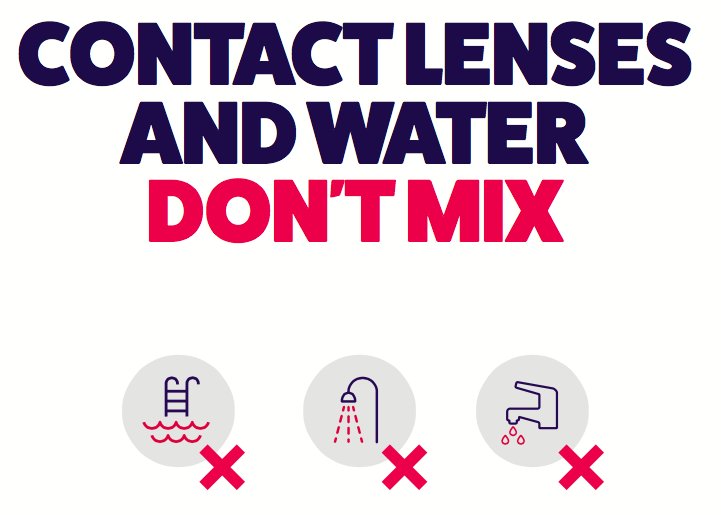 Contact lenses and water don't mix. Take your lenses out before you go in the shower, bath or pool. #Loveyourlenses loveyourlenses.com